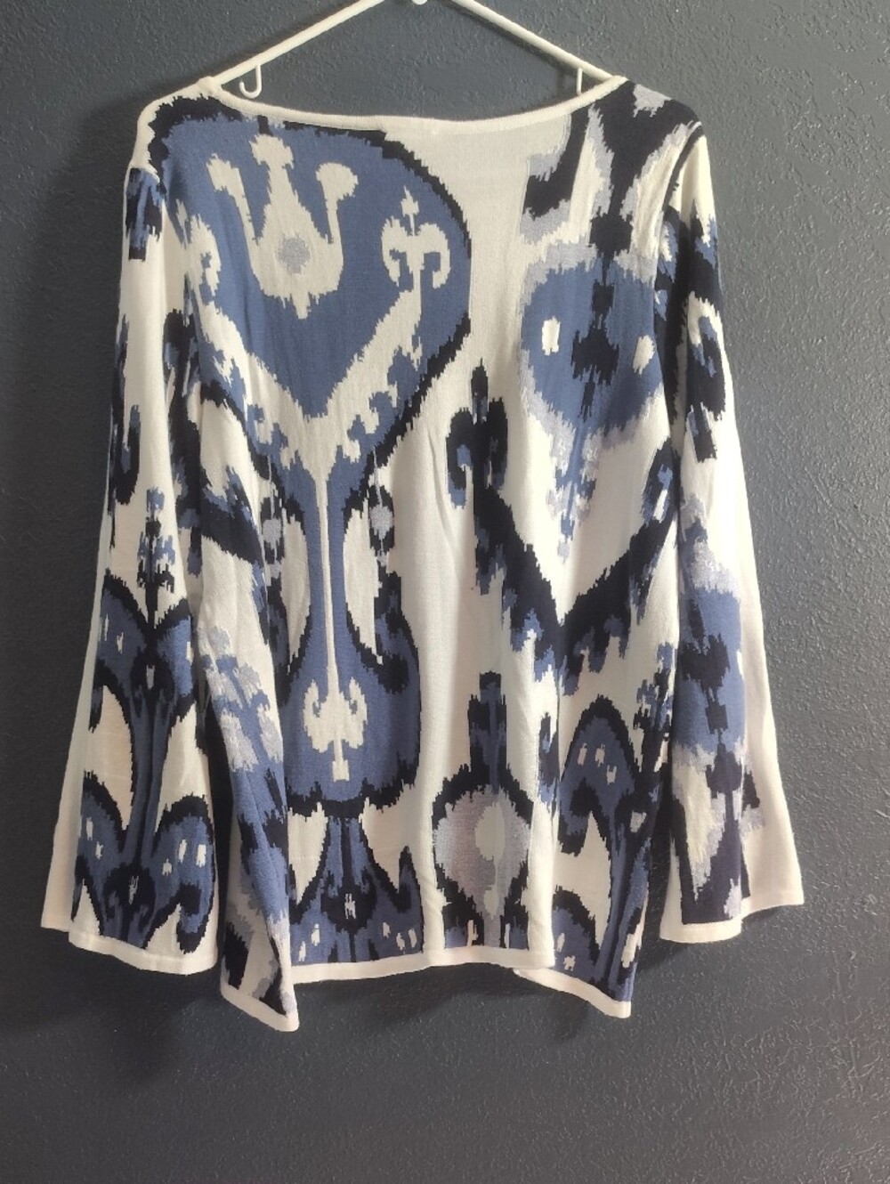 Chico's Blue, Navy & White Ikat-Pattern Crewneck Sweater - Picture 5 of 6